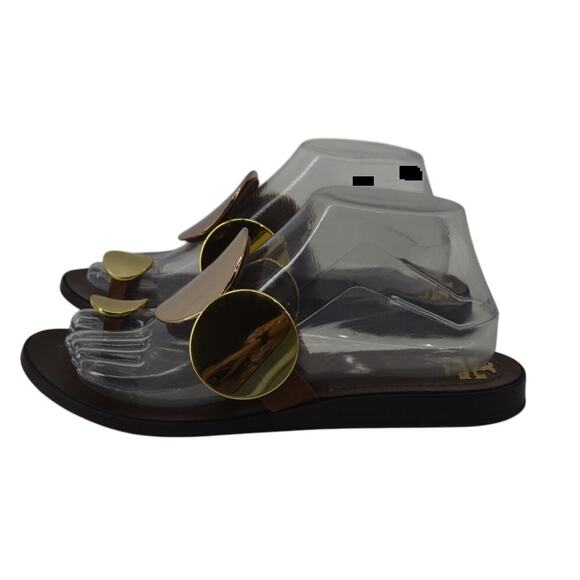 Tory Burch Brown Gold Sandals Circle Plates Size 8 - Picture 2 of 13
